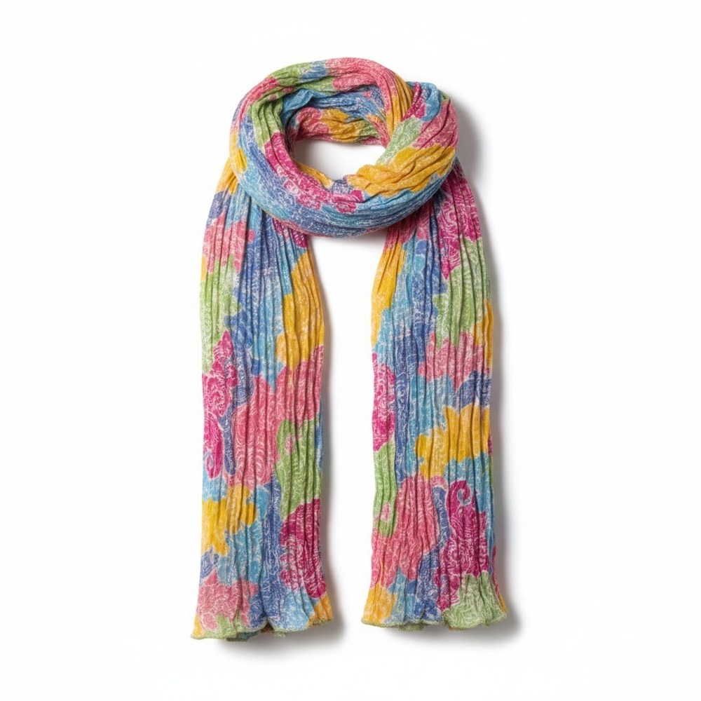 Crinkleā Scarf OS Multicolor Paisley Pleated Lightweight Bohemian Boho